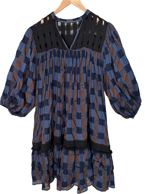 Love Binetti Dresses & Skirts - LOVE BINETTI Balloon Sleeve Blue and Brown Checkered Babydoll Dress Cotton M
